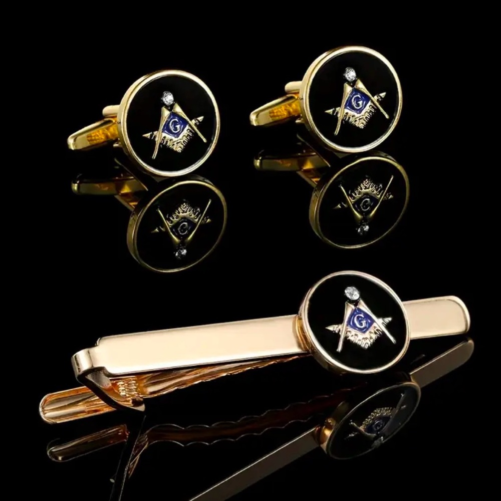 Free Mason Elegant Gold and Black Cuff Link and Tie Bar Boxed Set